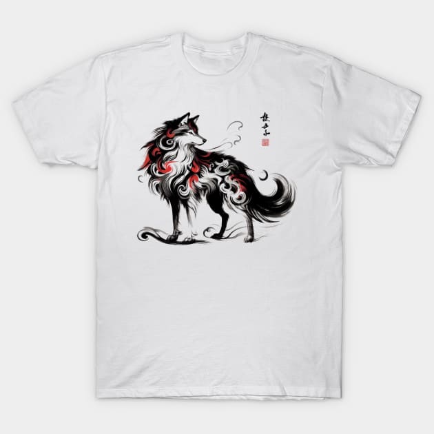 Chinese Style Ink Wolf T-Shirt by T-Shirt Paradise